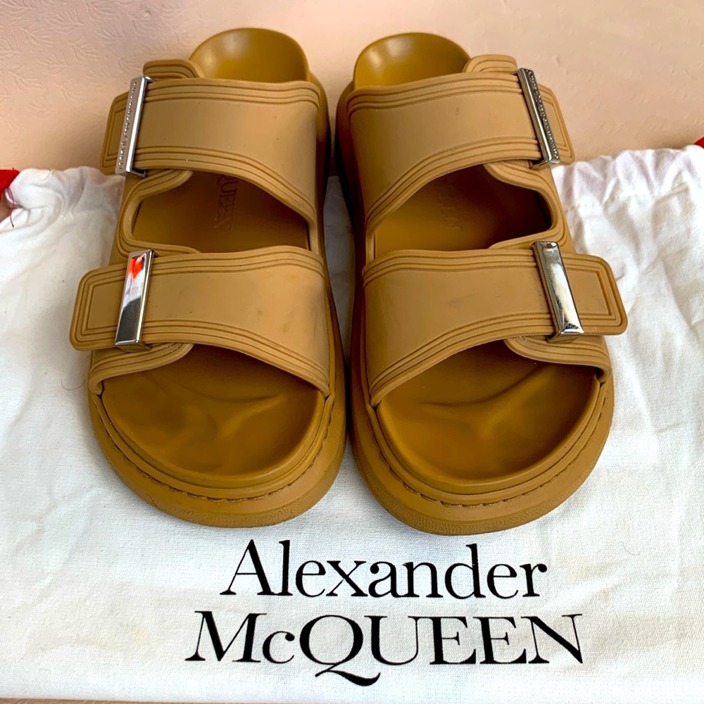 Alexander McQueen silver double buckle slides size 7, wateproof